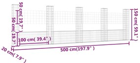 Cesto gabião em forma de U c/ 5 postes 500x20x150 cm ferro