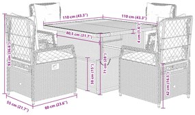 5 pcs conjunto de jantar p/ jardim c/ almofadões vime PE cinza