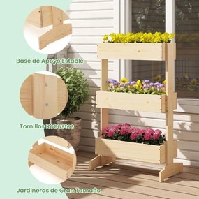 Floreira Elevada 9 x 39 x 109 cm de 3 Níveis para Plantas Estrutura de Madeira para Interiores e Exteriores para Plantas Verduras e Flores natural