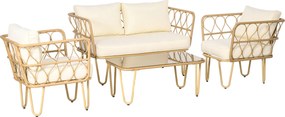 Outsunny Conjunto de jardim sofá 2 lugares + 2 poltronas + 1 mesa de centro tampo vidro temperado 7 almofadas cru | Aosom Portugal