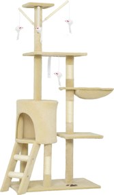 PawHut Arranhador para Gatos com Caverna Plataformas Rato de Brinquedo Rede e Postes de Sisal 60x35x134 cm Bege | Aosom Portugal