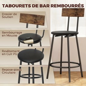 Conjunto de Mesa de Bar e 2 Bancos, 100 x 40 x 90,5 cm, Assentos Acolchoados em PU, Castanho