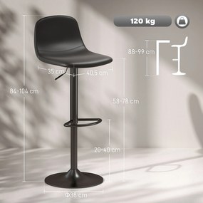 Conjunto 2 Bancos de Bar Reguláveis em Altura 84-104 cm com Encosto e Apoio para os Pés Estofadas em PU Giratórias em 360° Preto