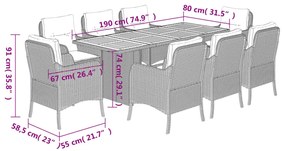 9 pcs conjunto de jantar p/ jardim c/ almofadões vime PE cinza