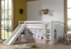 Cama alta de Criança PINO 90 x 200 cm + estrado + escada + escorrega + cortina Princesa Branca