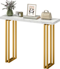 Mesa consola 100 x 30 x 78,5 cm, mesa de entrada, com tampo em imitação de mármore, estrutura em aço, branco e dourado