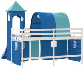 Cama alta para criança com torre 90x200 cm pinho maciço azul