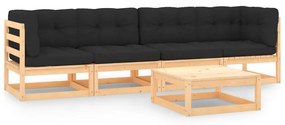 vidaXL 5 pcs conjunto lounge de jardim c/ almofadões pinho maciço