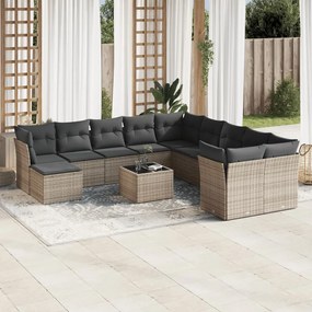 12 pcs conjunto de sofás jardim c/ almofadões vime PE cinzento