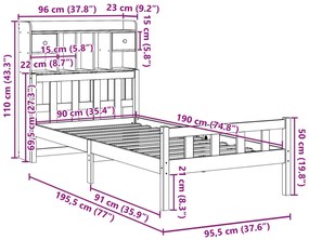 Cama com estante sem colchão 90x190cm pinho maciço castanho-mel