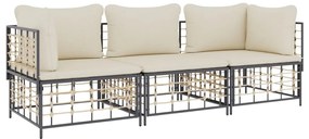 3 pcs conjunto lounge de jardim c/ almofadões vime PE antracite