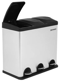 Caixote de cozinha, 54 L, 3 secções, aço, fecho suave, cor prateada/preta