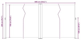 Toldo lateral retrátil 200x600 cm preto