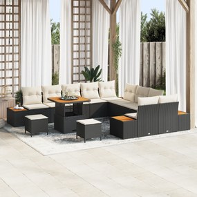Conjunto de Sofá de Jardim de 13 Peças com Almofadas Preto Vime Sintét