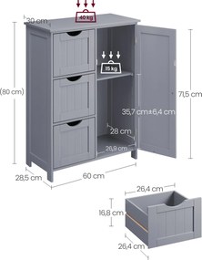 Armário de casa de banho com 3 gavetas e porta de armário 30 x 60 x 81 cm Cinzento 