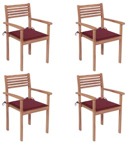 Cadeiras de jardim c/ almofadões vermelho tinto 4 pcs teca maciça