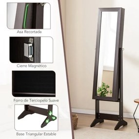 Armário para joias com espelho de corpo inteiro 35 x 30 x 144 cm e 3 ângulos ajustáveis Organizador de joias 2 em 1 Castanho