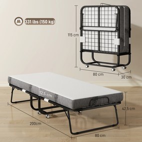 Cama dobrável individual de 200 x 80 cm com colchão, cama extra dobrável e portátil com Rodas, estrutura em aço preto, branco