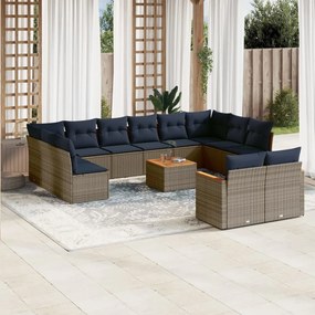 vidaXL 13 pcs conjunto sofás p/ jardim c/ almofadões vime PE cinzento
