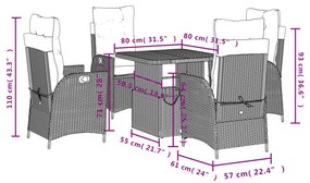 5 pcs conjunto de jantar p/ jardim c/ almofadões vime PE preto