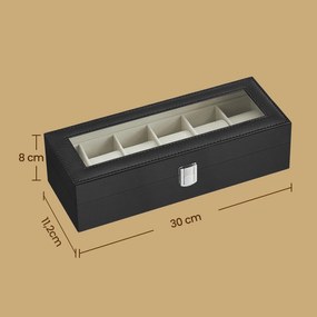 Caixa para relógios com 6 compartimentos 11,2 x 30 x 8 cm, com tampa de vidro revestimento em PU preto, forro em veludo bege