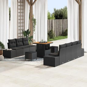 Conjunto de Sofá de Jardim de 10 Peças com Almofadas Poly Rattan Preto