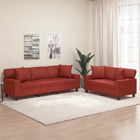 vidaXL 2 pcs conjunto sofás c/ almofadões couro artif. vermelho tinto