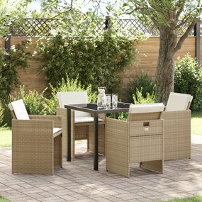 Conjunto de Jantar de 5 Peças para Jardim com Almofadas Bege de Rattan Poliéster