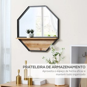 Espelho Decorativo de Parede 61x61cm Espelho Octógono com Prateleira de Armazenamento para Sala de Estar Dormitório Entrada Preto