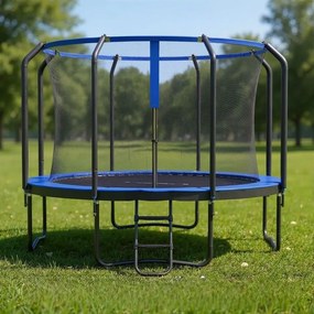 Trampolim para crianças 366 cm de jardim com rede de segurança, cobertura lateral preto-azul