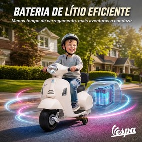 Mota Elétrica Infantil 6V para crianças 18-36 meses Mini Vespa GTS com 2 Rodas Auxiliares, Bateria de Lítio, Farol, Buzina e Encosto, Branco