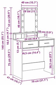 Mesa de Maquilhagem vidaXL com Luzes LED Cinza Sonoma 79x41x140 cm