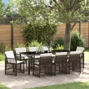 Conjunto de Jantar para Jardim vidaXL de 9 peças com Almofadas em Vime Castanho