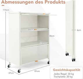 Estante de cozinha de 3 níveis com rodas com portas rebatíveis 81 x 37 x 115 cm branco