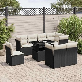 9 pcs conjunto de sofás p/ jardim c/ almofadões vime PE preto