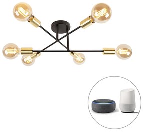 LED Candeeiro de teto inteligente preto com dourado 6 luzes incl. Wifi G95 - Sydney Industrial