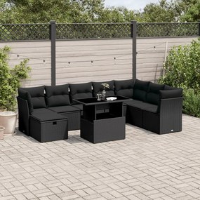 9 pcs conjunto de sofás p/ jardim c/ almofadões vime PE preto