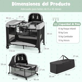 Centro de actividades para bebés 5 em 1 portátil com muda de fraldas Colchão amovível 2 rodas 110 x 78 x 84 cm Preto