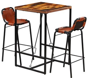 Conjunto de bar 3 pcs madeira recuperada + couro cabra genuíno