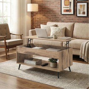 Mesa de sala, mesa de centro com altura ajustável 50 x 100 x 45/58,5 cm, compartimento oculto castanho-camelo e preto