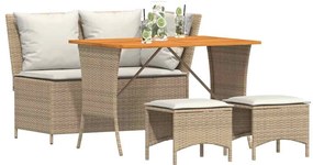 4 pcs conjunto de jantar p/ jardim c/ almofadões vime PE bege