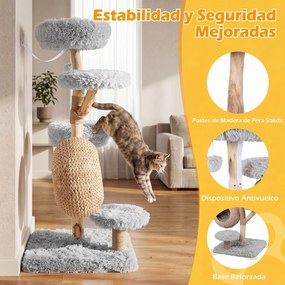 Árvore para Gatos de 5 Níveis, 59 x 59 x 134 cm, com Casota de Junco, Cinzento