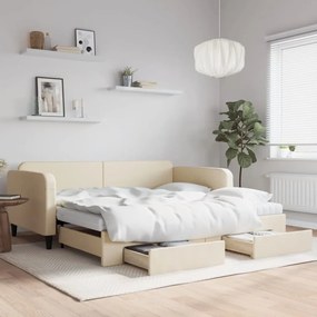 Sofá-cama com gavetão e gavetas 100x200 cm tecido cor creme