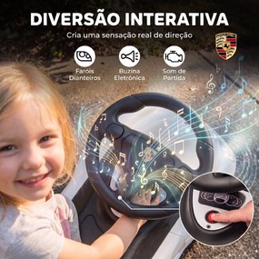 Carro sem Pedais para Crianças 18-36 Meses com Licença Porsche, 2 Faróis, Buzina e Som de Arranque, 63x28,5x38 cm, Branco