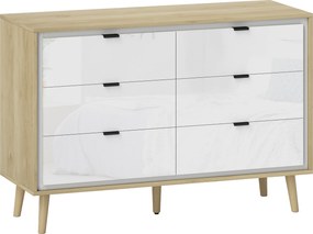 HOMCOM Cómoda 6 Gavetas Cómoda Quarto com Pernas de Madeira Estilo Moderno 110x40x75 cm Branco Brilhante e Carvalho | Aosom Portugal