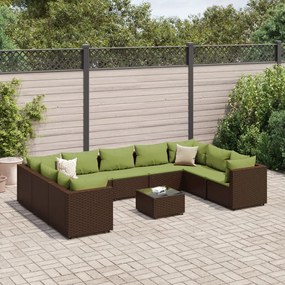 vidaXL 10 pcs conjunto lounge jardim c/ almofadões vime PE castanho