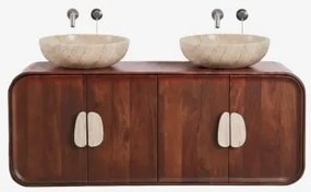 Conjunto De Móvel De Casa De Banho Dupla Suspensa 130x45 Cm Em Madeira De Manga E Pedra Natural Kivalina Travertino - Madeira De Mangueira Escura & -