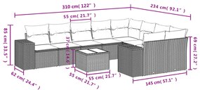 10 pcs conjunto sofás de jardim c/ almofadões vime PE preto
