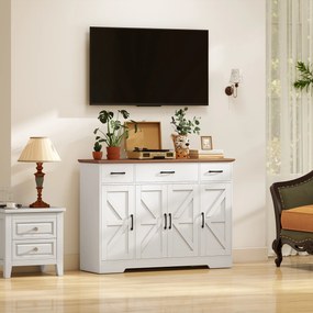Aparador de Cozinha Rústico 4 Prateleiras de Porta Prateleiras Ajustáveis 3 Gavetas 120x38x87 cm Branco e Cor Nogueira