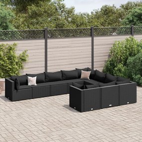 10 pcs conjunto sofás de jardim c/ almofadões vime PE preto